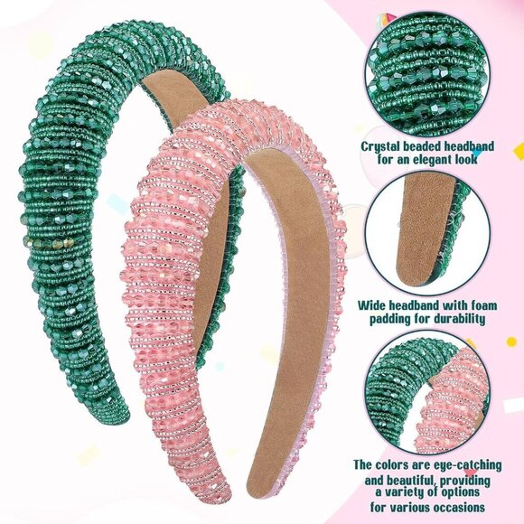 Rhinestone Headbands 2-Pack Pink Green Beaded Hair Accessories for Party main image 5